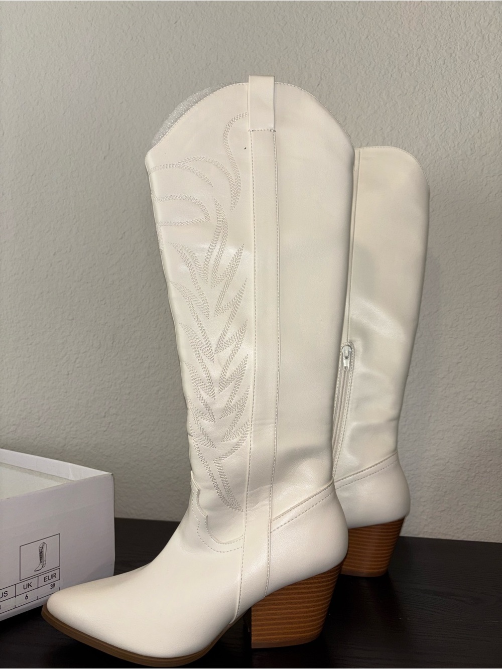 Qupid White Knee High Western Boot with Stacked Block Heel